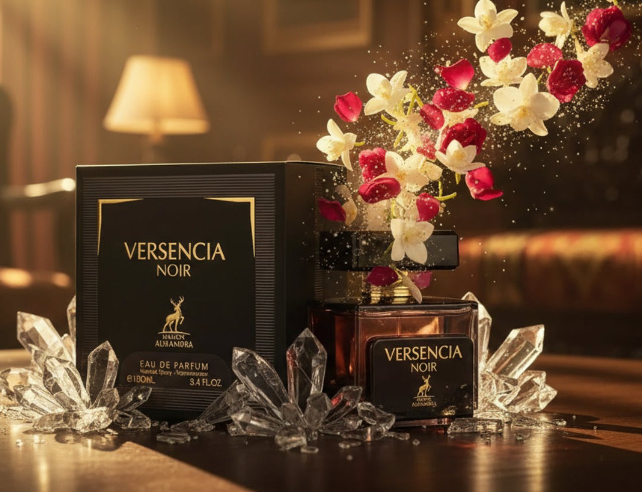 Maison Alhambra Versencia Noir — Kotak dan botol wangian hitam dengan kristal dan bunga merah putih terapung.