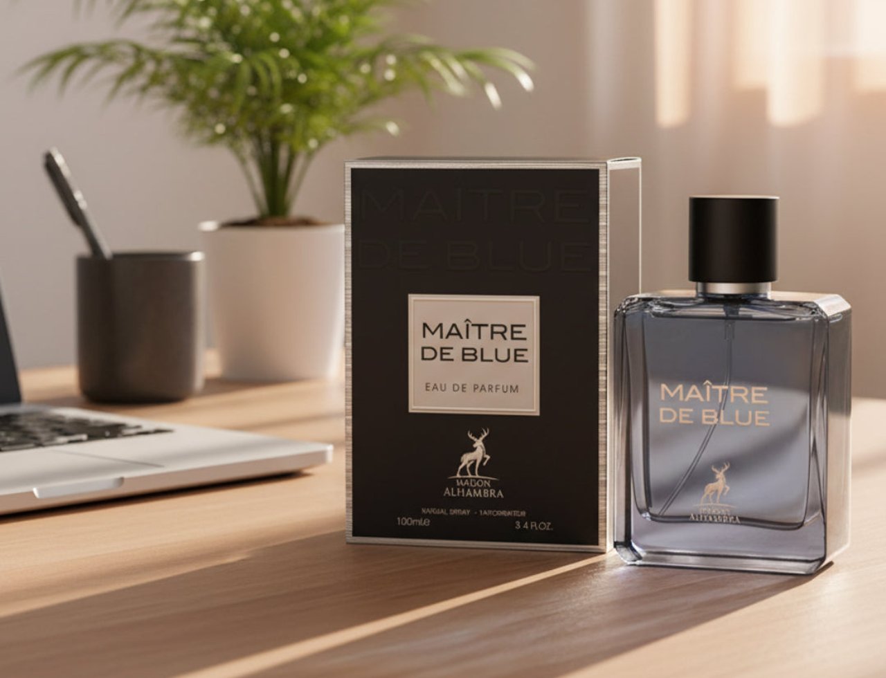 Maison Alhambra Maitre De Blue — A clear glass perfume bottle with a black cap and gold lettering, next to its black and gold box, on a wooden desk with a laptop and a potted plant.