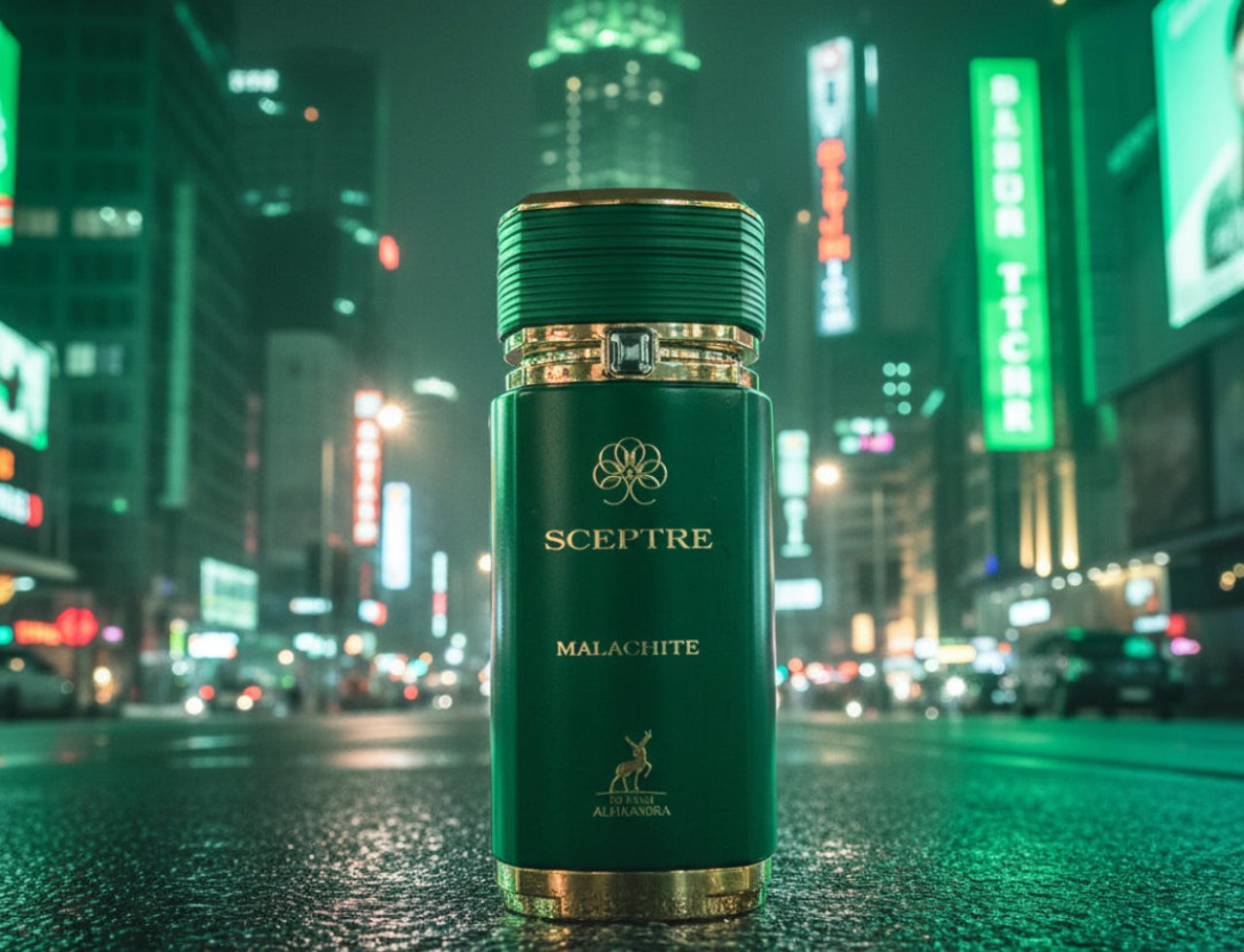 Maison Alhambra Sceptre Malachite — Green perfume bottle with gold accents, set on a wet, reflective city street at night with blurred neon lights and skyscrapers in the background.