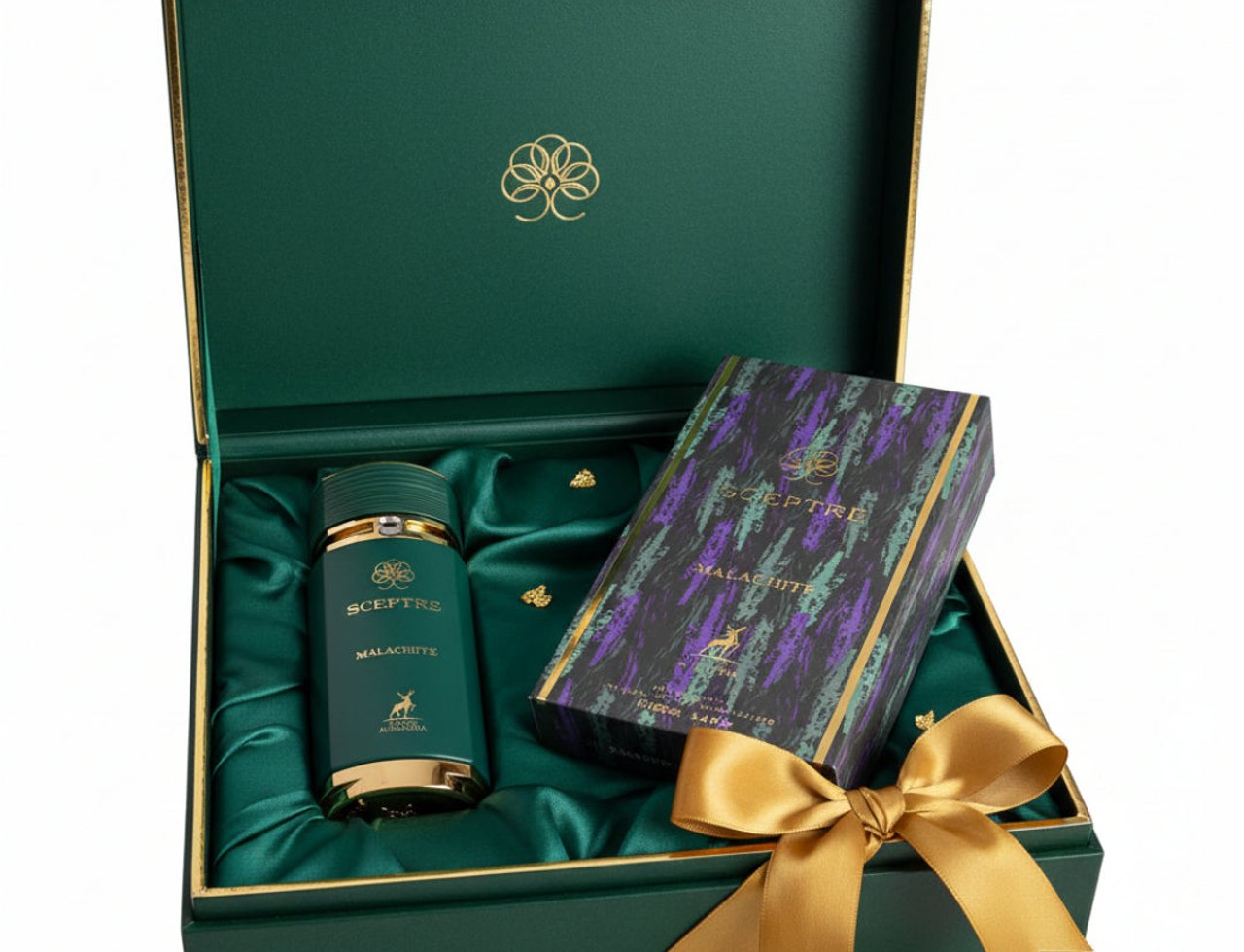 Maison Alhambra Sceptre Malachite — Kotak hadiah hijau bertepi emas, terbuka memaparkan botol minyak wangi hijau beraksen emas, kotak bercorak sepadan, dan reben emas diikat reben.