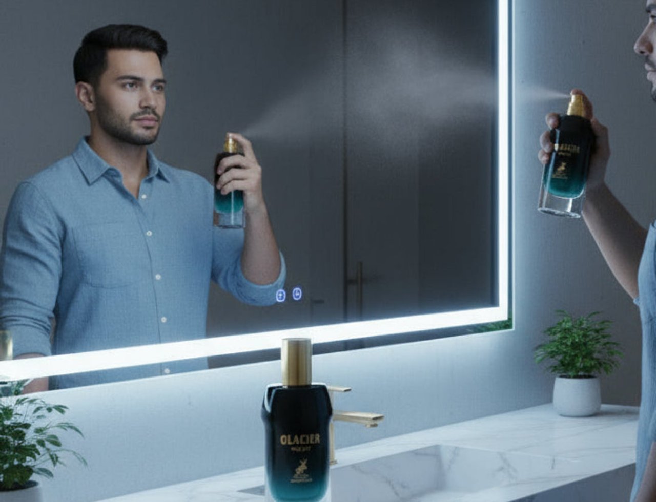 Maison Alhambra Glacier Bold by Maison Alhambra 100ml EDP — Man spraying perfume in front of a mirror with a backlit frame, reflection shows the spray mist.