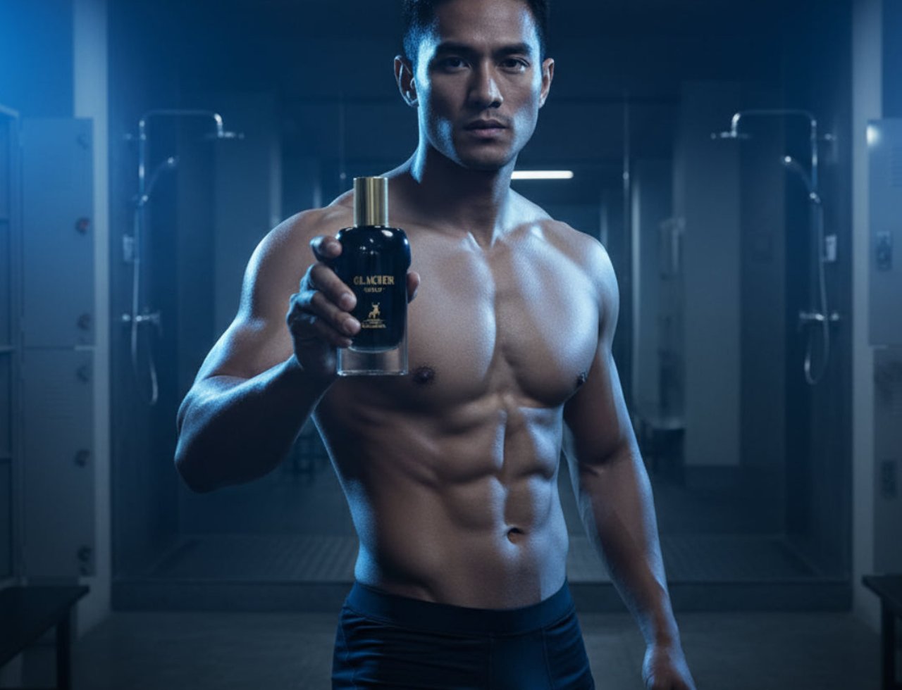 Maison Alhambra Glacier Bold by Maison Alhambra 100ml EDP — Lelaki sasa pegang botol minyak wangi biru gelap bertutup emas dan logo rusa di bilik loker
