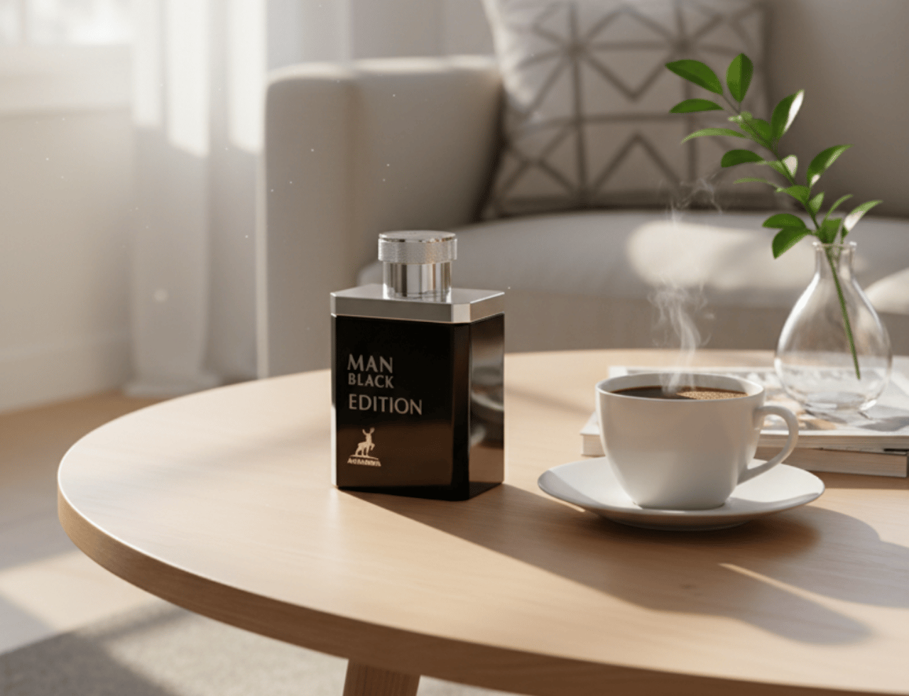 Maison Alhambra Man Black Edition — Black perfume bottle with silver cap, placed on a wooden table next to a steaming cup of coffee and a small vase with a green plant.