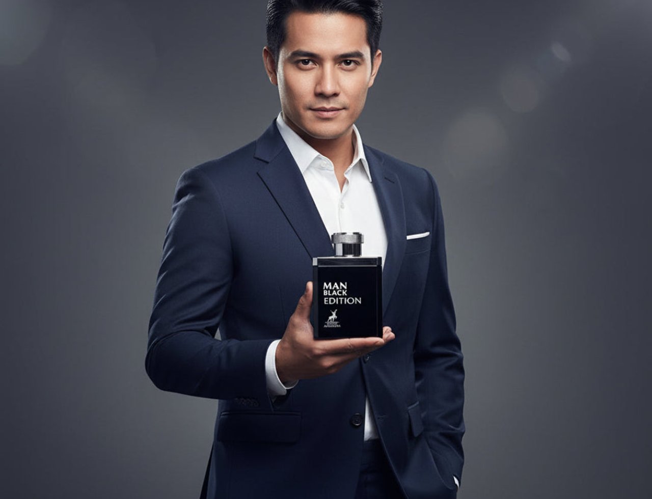 Maison Alhambra Man Black Edition — Lelaki berbaju biru gelap pegang botol minyak wangi hitam segi empat dengan penutup perak dan tulisan putih.