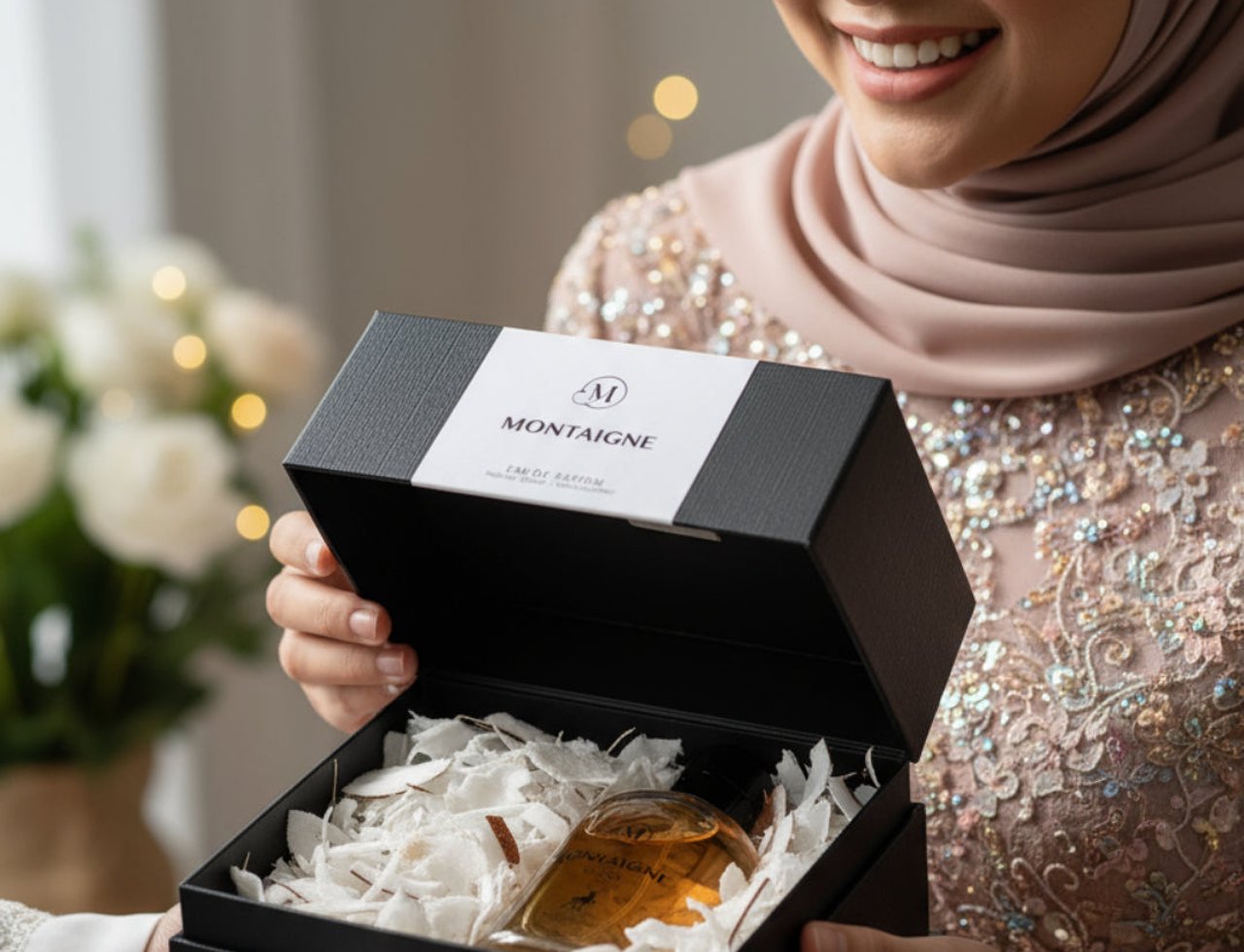 Maison Alhambra Montaigne Coco Maison Alhambra 100ml EDP — Wanita bertudung dan berbaju kilat membuka kotak hadiah hitam berisi botol minyak wangi kaca di dalam kertas carik putih.