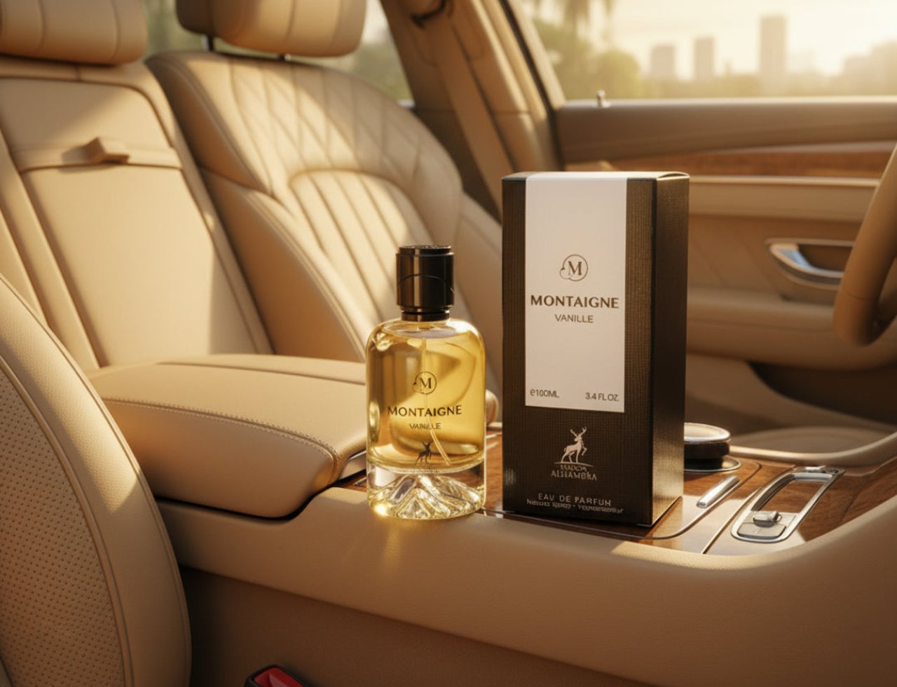 Maison Alhambra Montaigne Vanille — A clear glass perfume bottle with a black cap and gold accents, next to its black and white box, placed on the wooden console of a car's interior with leather seats.