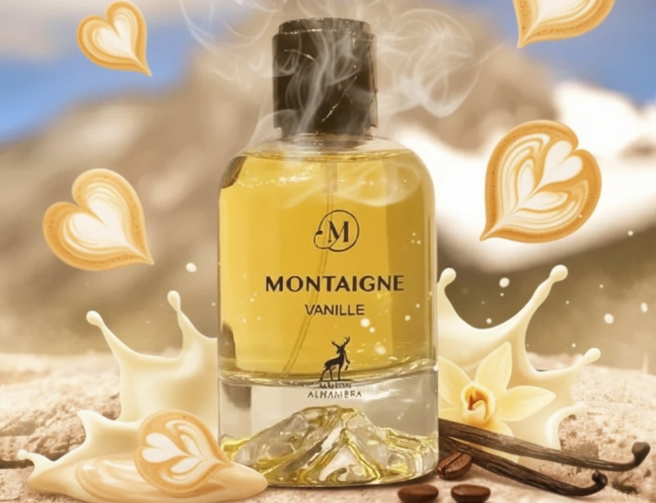 Maison Alhambra Montaigne Vanille 100ml — Botol minyak wangi kaca jernih berisi cecair kuning, dikelilingi hati latte art, percikan susu, buah vanila, dan biji kopi, dengan latar belakang landskap pergunungan.