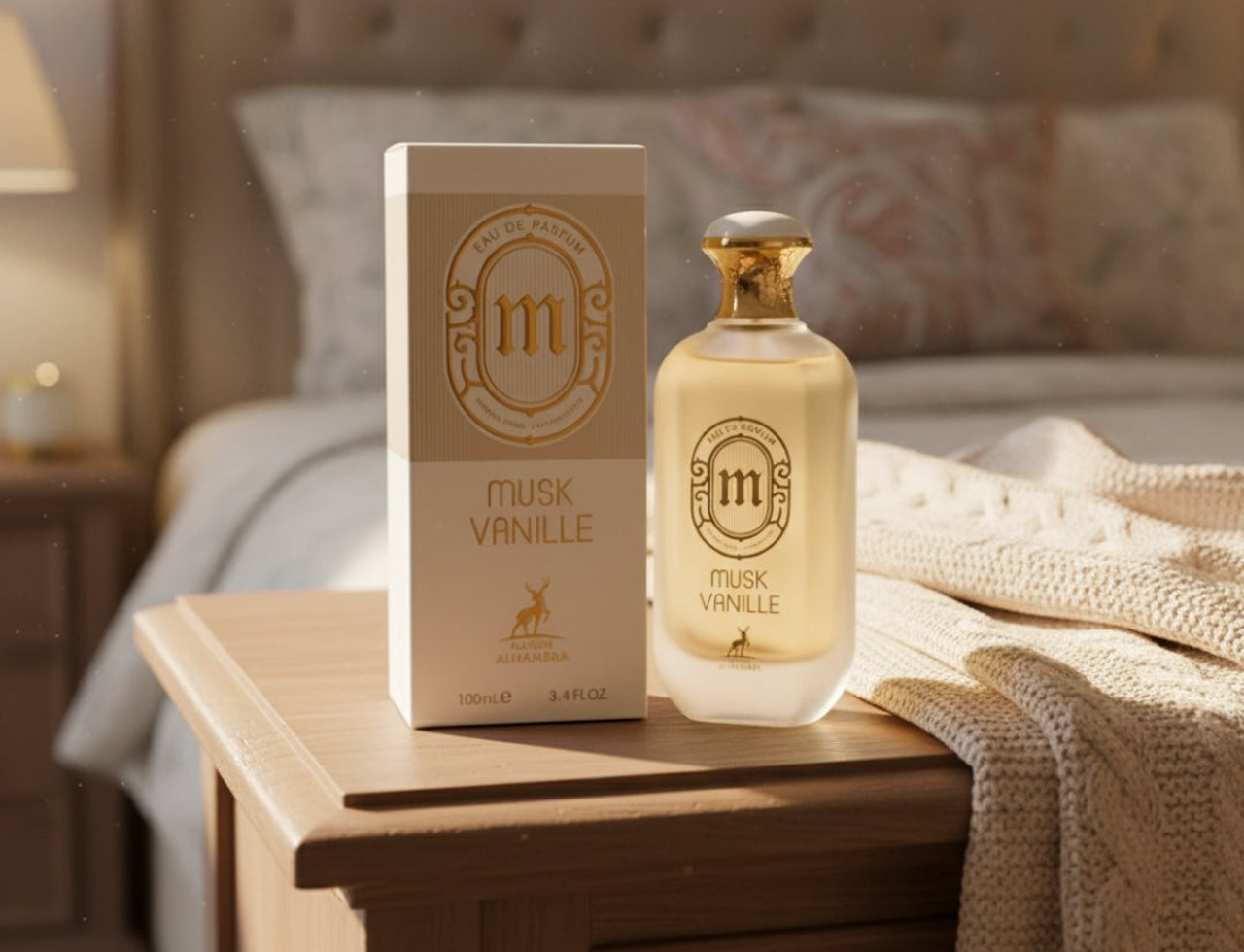 Maison Alhambra Musk Vanille EDP — A bottle of Musk Vanille by Maison Alhambra perfume and its box sit on a wooden nightstand next to a knitted blanket, with a bed in the background.