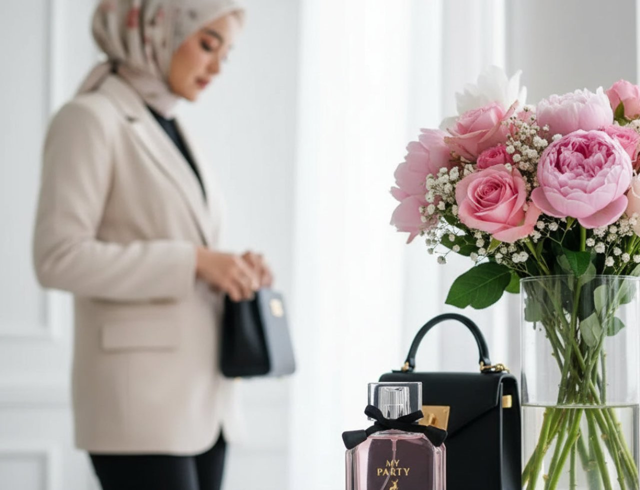 Maison Alhambra My Party Maison Alhambra 100ml EDP Woman — Botol minyak wangi merah jambu bertali reben hitam, beg tangan hitam, dan jambangan bunga merah jambu dalam pasu kaca di atas permukaan marmar.