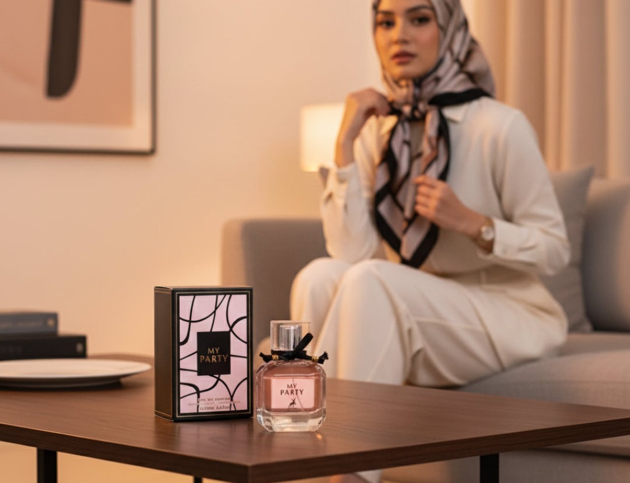 Maison Alhambra My Party Maison Alhambra 100ml EDP Woman — A woman in a hijab and white outfit sits on a sofa, with a perfume bottle and its box displayed on a wooden table in the foreground.