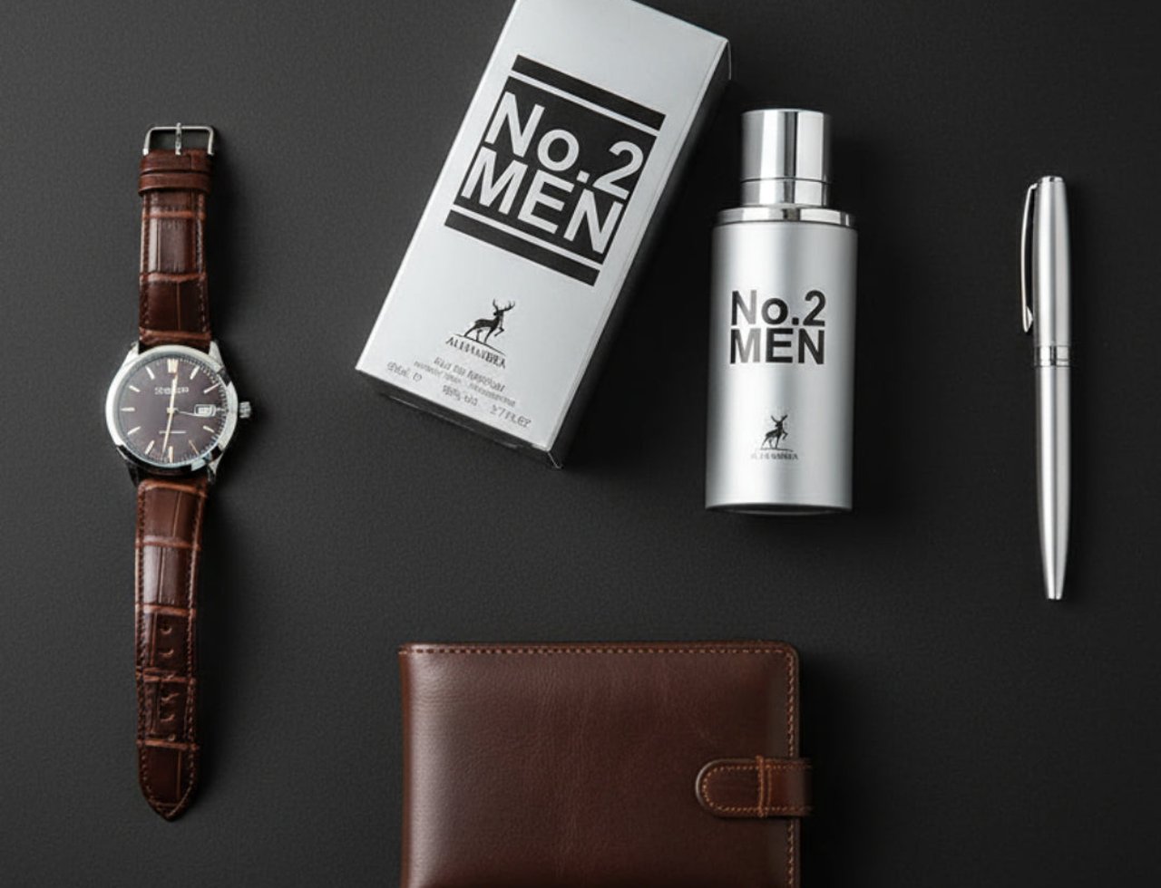 Maison Alhambra No.2 Men by Maison Alhambra 80ml EDP — Botol dan kotak wangian perak dengan teks hitam, jam tangan kulit coklat, dompet kulit coklat, dan pen perak di atas latar belakang gelap.