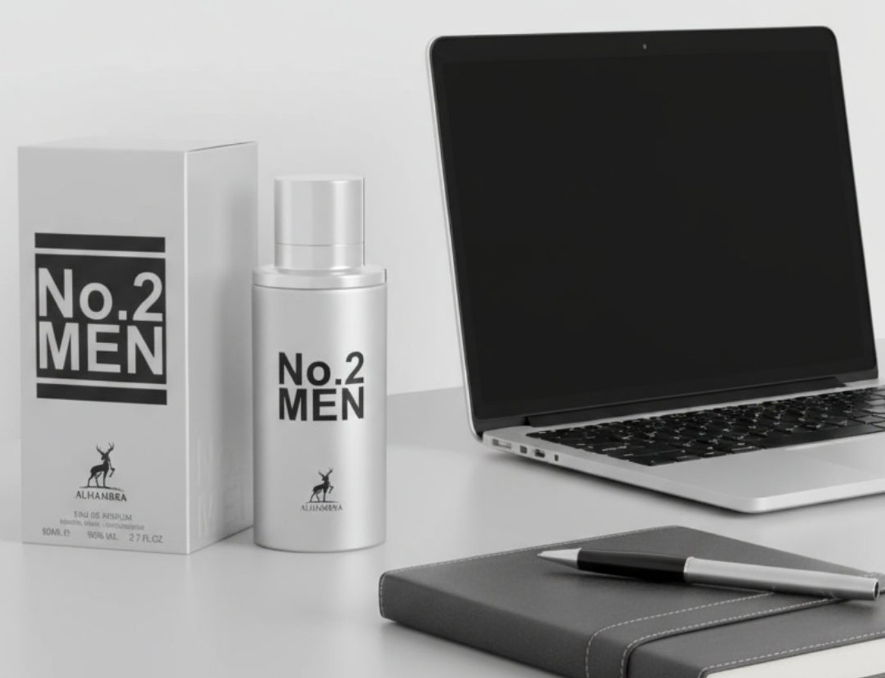 Maison Alhambra No.2 Men by Maison Alhambra 80ml EDP — Silver perfume bottle and box next to a laptop and notebook with a pen.