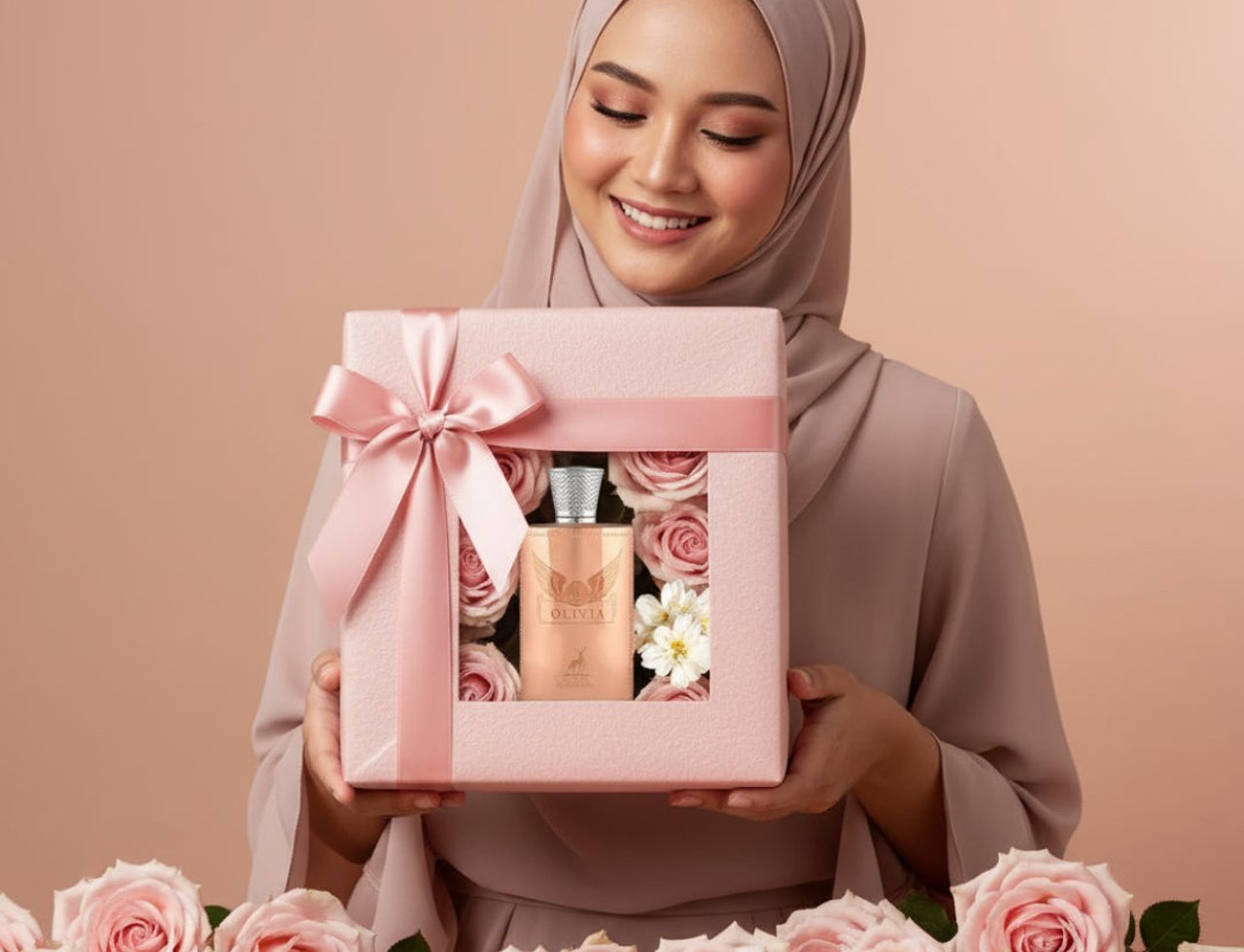 Maison Alhambra Olivia by Maison Alhambra 80ml EDP — Woman in hijab holding a pink gift box with roses and a perfume bottle inside, surrounded by pink roses.