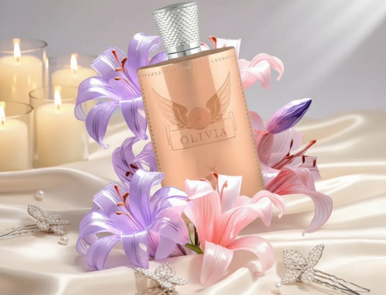 Maison Alhambra Olivia by Maison Alhambra 80ml EDP — Botol minyak wangi rose gold di antara bunga lily merah jambu dan ungu, dengan lilin menyala dan pin rambut hiasan di atas fabrik satin.