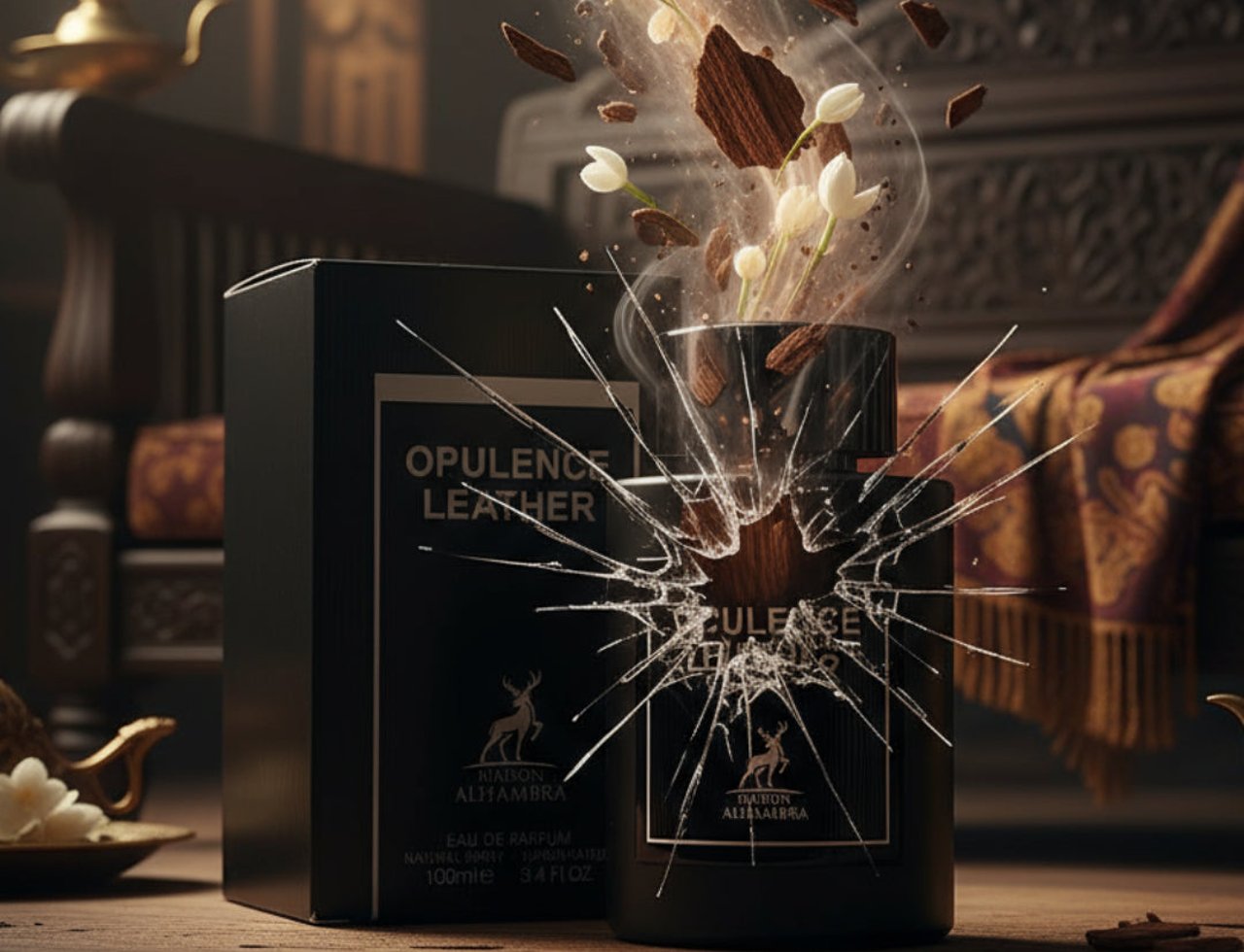 Maison Alhambra Opulence Leather by Maison Alhambra – 100 ml Man, with shattered glass effect, wood chips, and white flowers exploding from the bottle.
