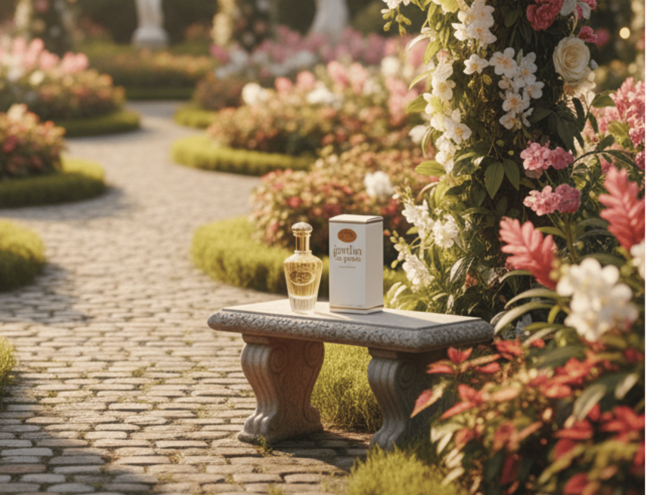 Maison Alhambra Paris Garden Maison Alhambra 100ml EDP Woman — Botol dan kotak minyak wangi di atas bangku batu dalam taman subur dengan gerbang bunga dan patung.