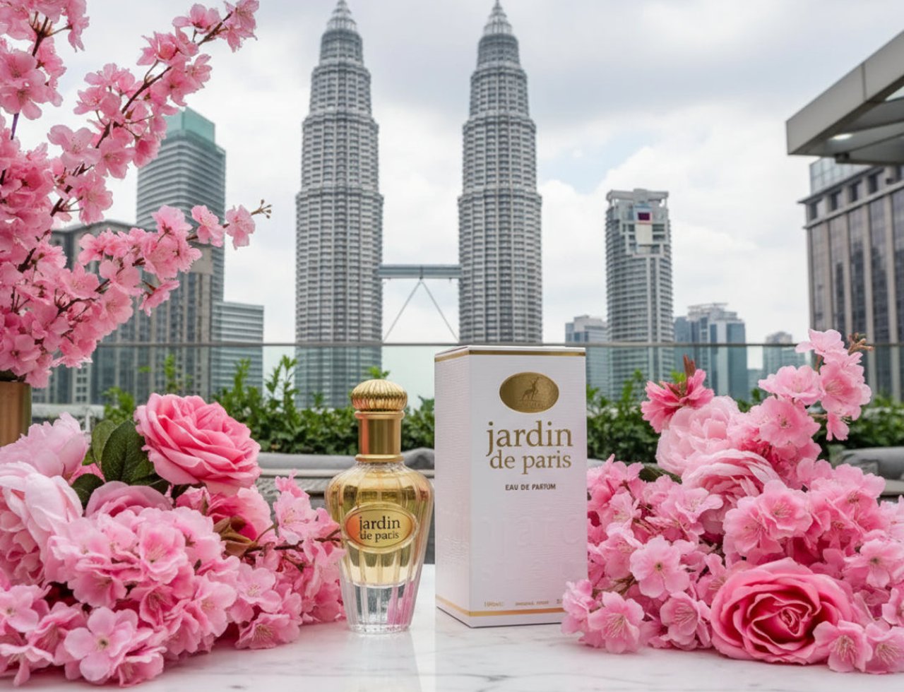 Maison Alhambra Paris Garden Maison Alhambra 100ml EDP Woman — A bottle of Maison Alhambra Paris Garden perfume sits on a marble surface, surrounded by pink cherry blossoms and roses, with the Petronas Twin Towers in the background.
