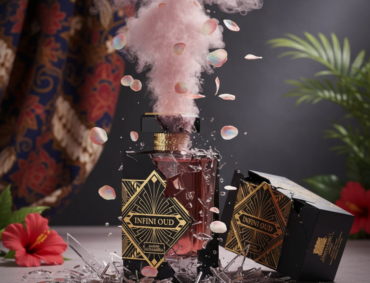 Maison Alhambra Infini Oud by Maison Alhambra Man 100ml EDP — Botol minyak wangi pecah dengan asap merah jambu dan kelopak bunga meletup keluar, berlatar belakang gelap dengan fabrik dan tumbuhan.