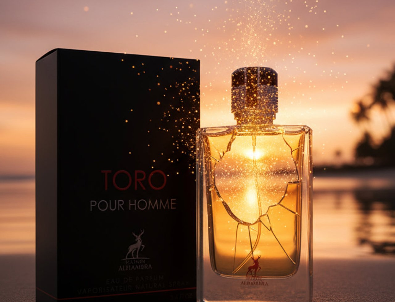 Maison Alhambra Toro Pour Homme — Kotak hitam dan botol minyak wangi kaca jernih berisi cecair keemasan, berlatar belakang pantai senja dengan pokok kelapa dan kesan cahaya berkilauan.