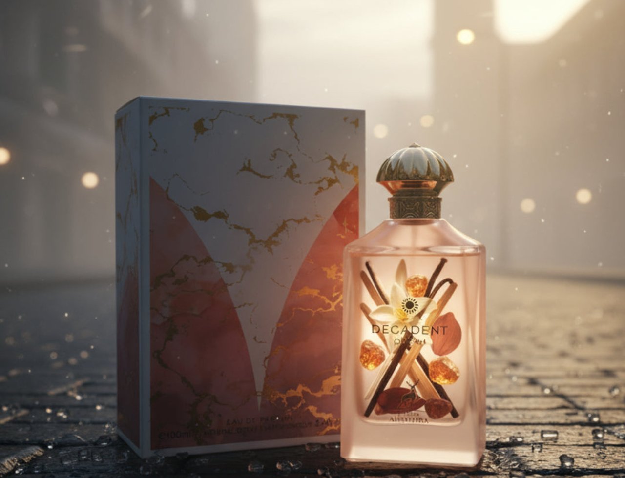 Maison Alhambra Decadent Dream by Maison Alhambra – 100 ml Women perfume bottle and box on a wet wooden surface with bokeh lights in the background.