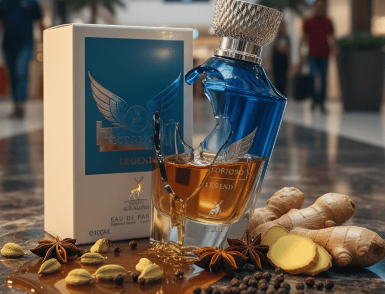 Maison Alhambra Victorioso Legend by Maison Alhambra — A broken glass perfume bottle with blue accents and a gold cap, spilling amber liquid onto a marble surface with scattered spices like star anise, cardamom, and black peppercorns, next to a white product box and ginger roots.