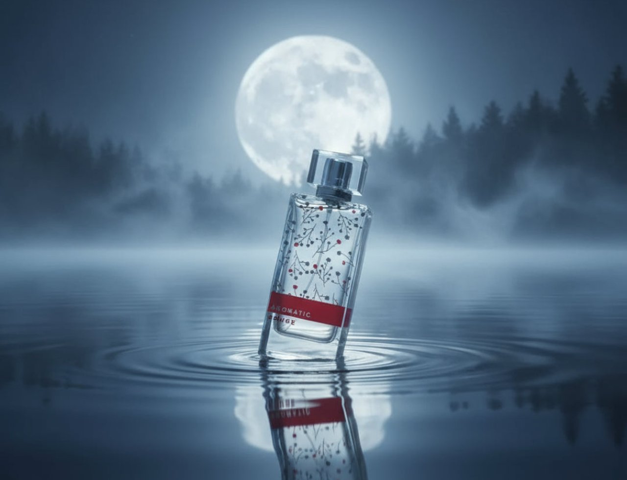 Maison Alhambra Aromatic Rouge by Maison Alhambra 100ml EDP — Botol minyak wangi terapung di atas air berlekuk, bulan penuh dan hutan berkabus di latar belakang.