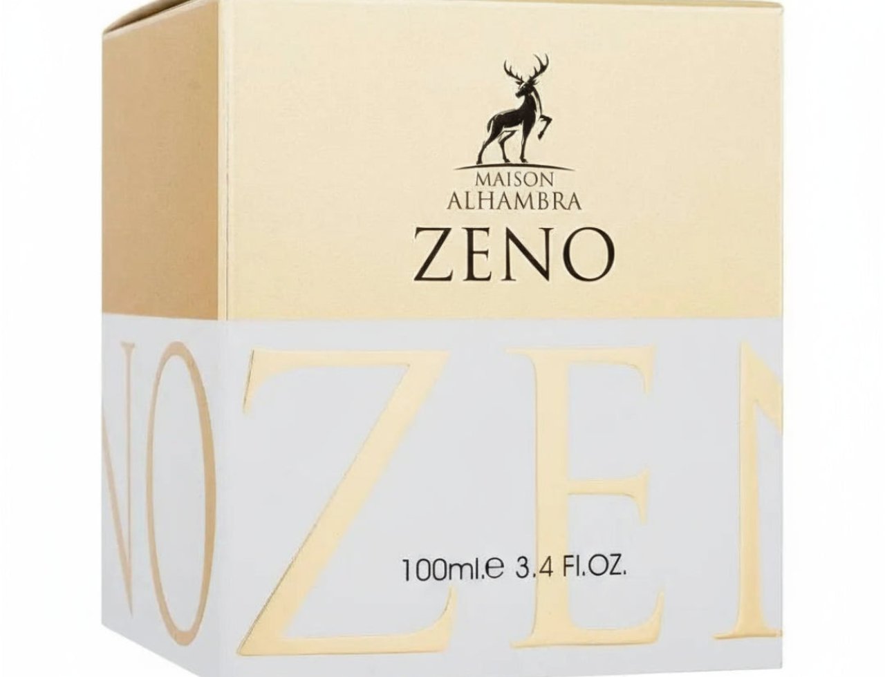 Maison Alhambra Zeno — A beige and white box for Zeno perfume, featuring a deer silhouette logo and the text 'MAISON ALHAMBRA ZENO'. The lower half of the box shows large gold letters spelling 'ZENO' and '100ml e 3.4 Fl.OZ.'