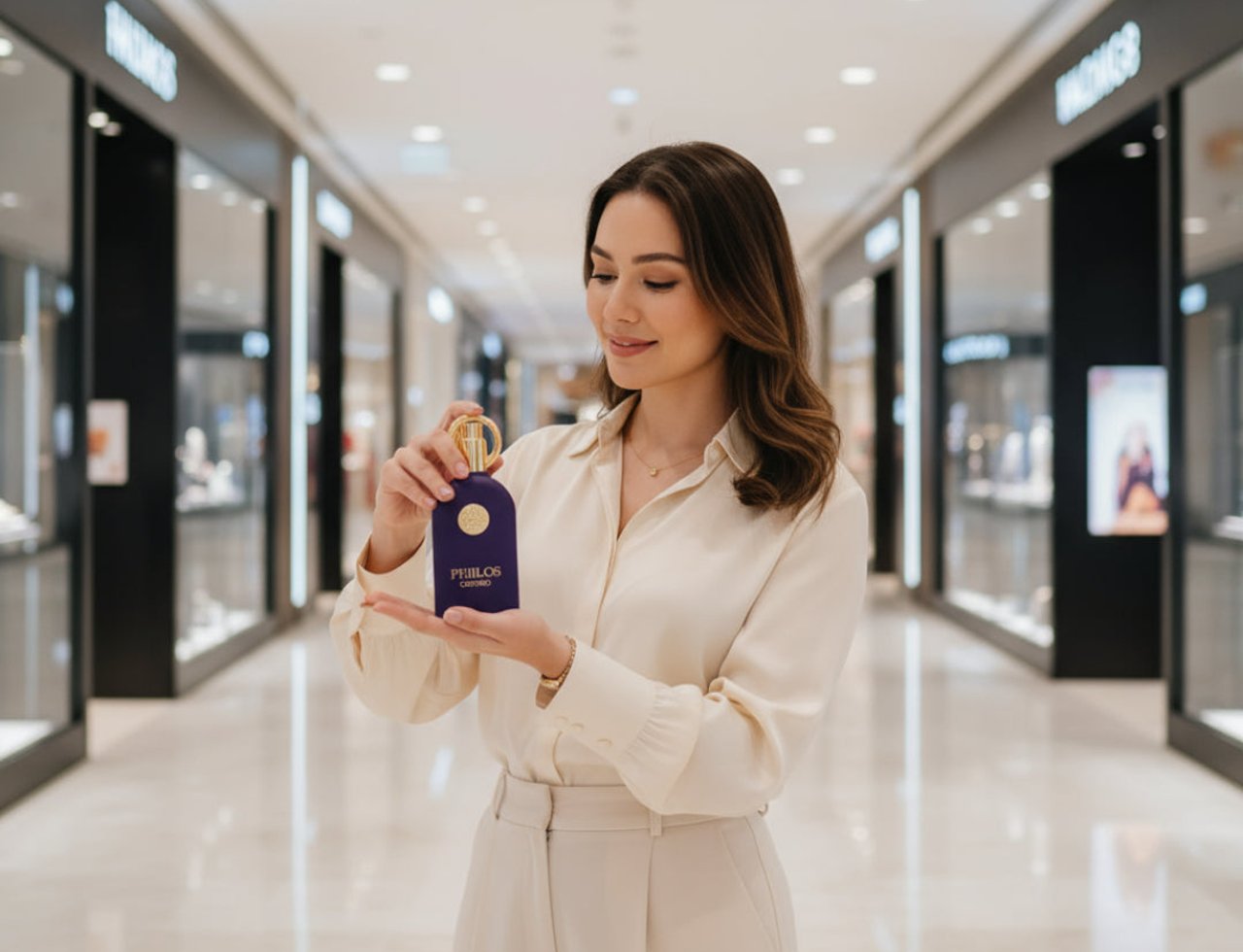 Maison Alhambra Philos Centro Maison Alhambra 100ml EDP — Woman holding a purple perfume bottle with a gold cap in a shopping mall aisle.
