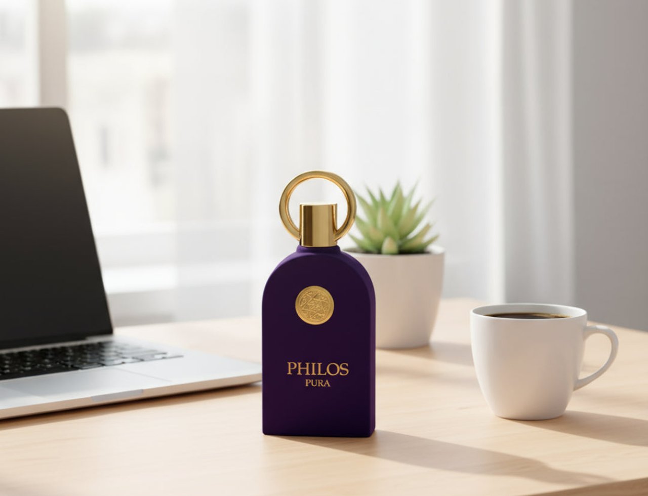 Maison Alhambra Philos Pura by Maison Alhambra 100ml EDP Man — Botol minyak wangi ungu gelap dengan cincin dan lambang emas terletak di atas meja kayu bersebelahan komputer riba dan cawan kopi putih.