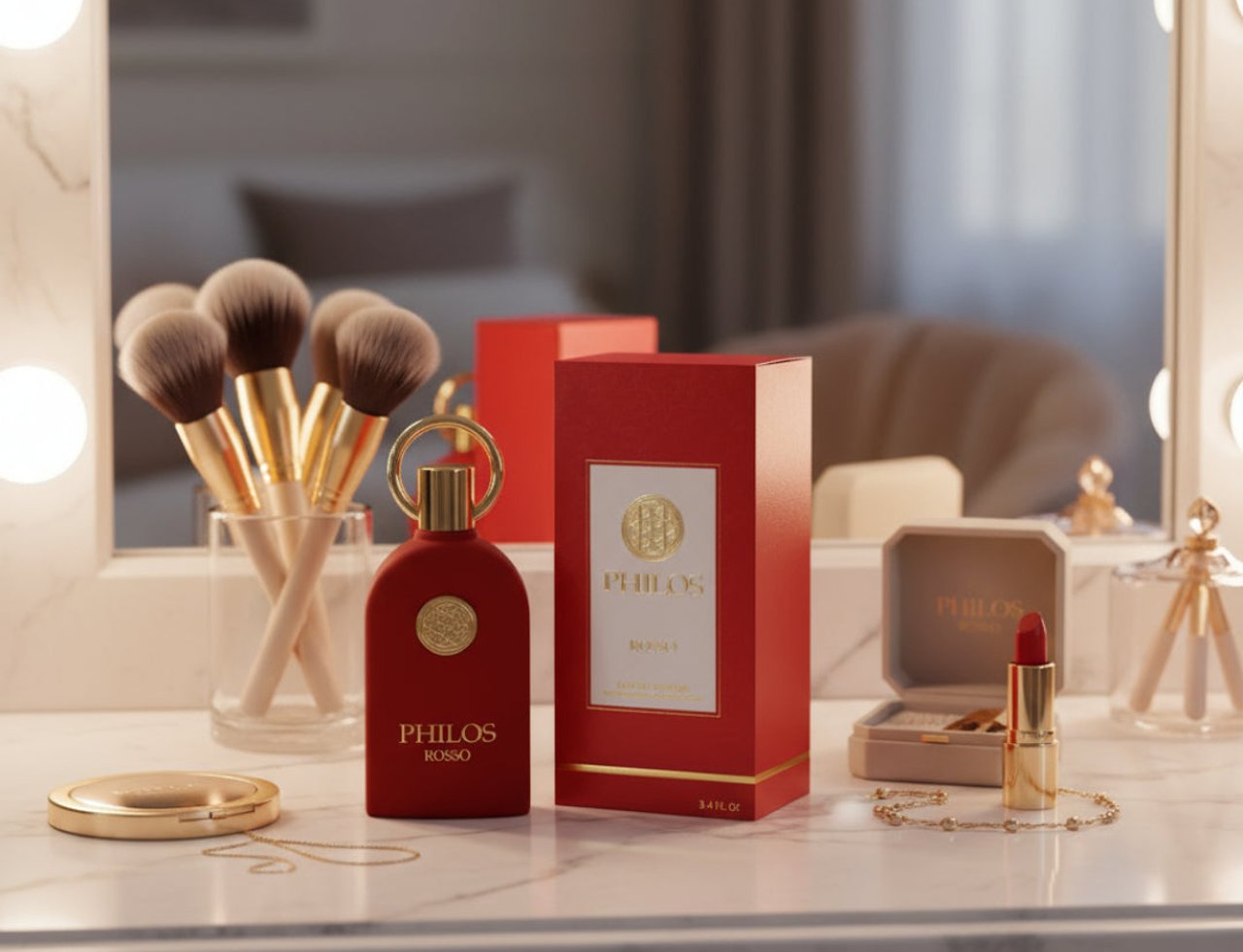 Maison Alhambra Philos Rosso 100ml EDP — Botol minyak wangi merah dengan perincian emas, kotak merah, berus solek, gincu, dan compact di atas meja solek marmar
