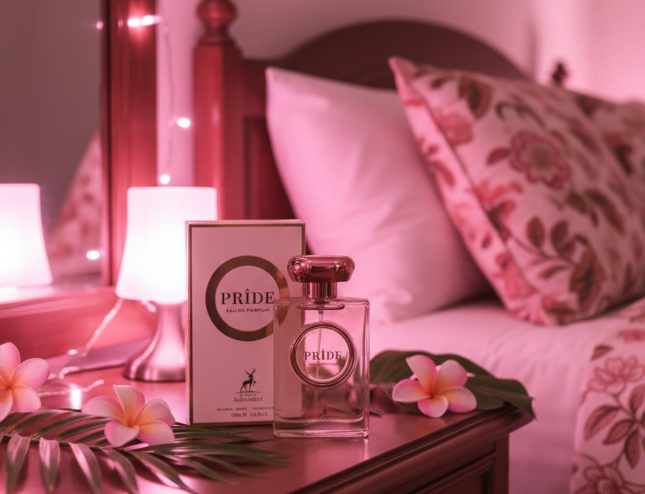 Maison Alhambra Pride by Maison Alhambra 100ml EDP Women — Botol minyak wangi kaca jernih bertudung emas diletakkan di atas meja sisi katil kayu bersebelahan kotaknya, dihiasi bunga merah jambu dan daun palma, dengan katil dan lampu kelip-kelip di latar belakang.