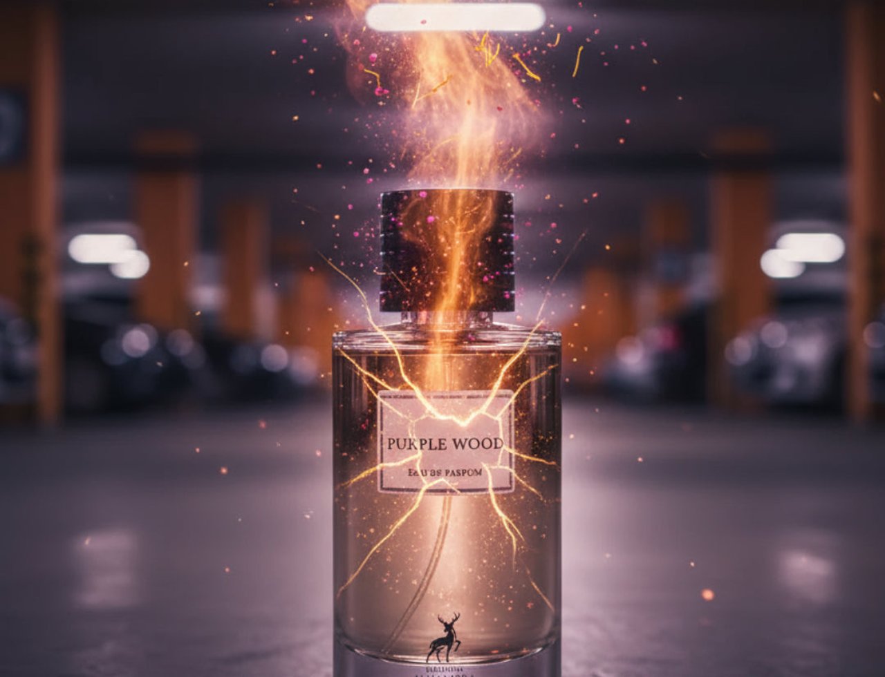 Maison Alhambra Purple Wood – A clear glass perfume bottle with a dark cap, emitting orange flames and sparks against a blurred parking garage background.