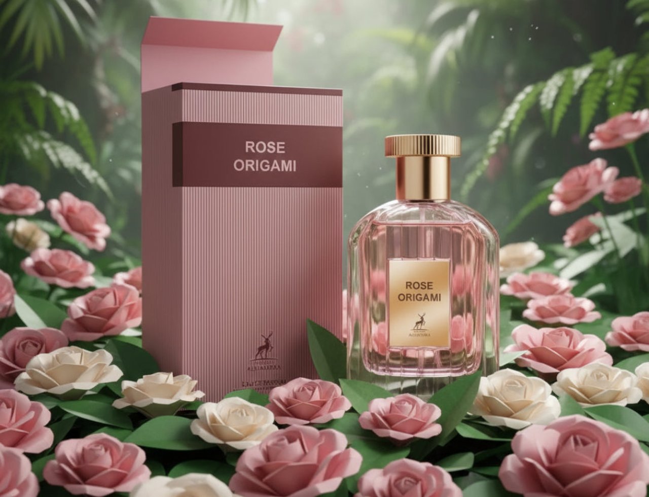 Maison Alhambra Rose Origami — Botol dan kotak minyak wangi merah jambu dikelilingi bunga mawar kertas dan dedaunan hijau subur, dengan penutup emas pada botol.