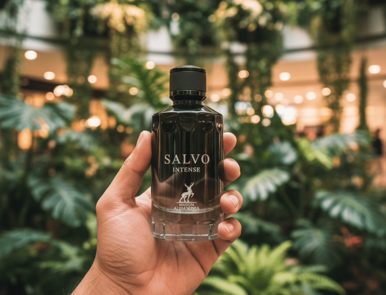 Maison Alhambra Salvo Intense oleh Maison Alhambra 100ml EDP — Tangan memegang botol minyak wangi kaca gelap bertutup hitam, tertulis label 'SALVO INTENSE' dan logo rusa, dengan latar belakang pokok hijau subur dan cahaya hangat yang kabur.