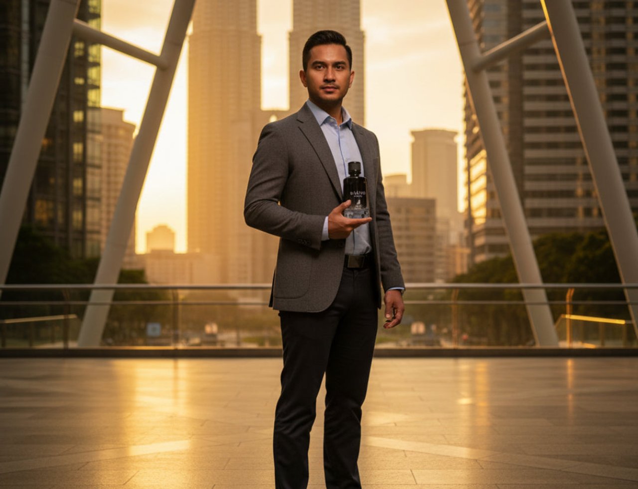 Maison Alhambra Salvo Intense by Maison Alhambra 100ml EDP — Man in a grey suit holding a dark perfume bottle in front of the Petronas Twin Towers at sunset.