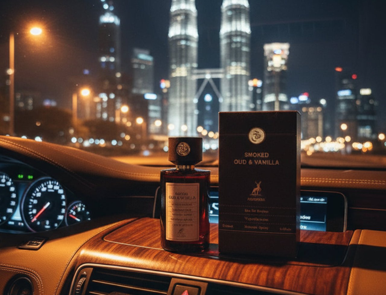 Maison Alhambra Smoked Oud & Vanilla by Maison Alhambra 100ml EDP — Perfume bottle and box displayed on a car dashboard at night with city skyscrapers in the background.