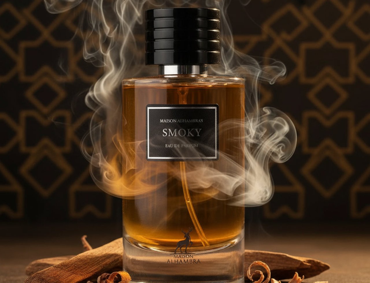 Maison Alhambra Smoky by Maison Alhambra 100ml EDP Unisex — A glass perfume bottle with amber liquid, surrounded by wisps of smoke and resting on a surface with cinnamon sticks and wood shavings.