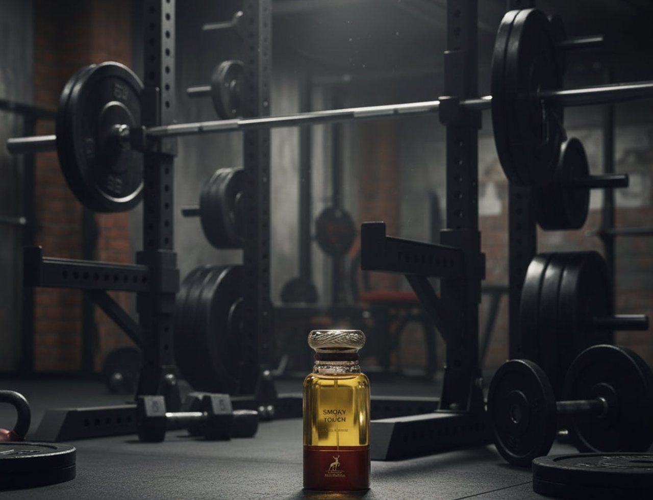 Maison Alhambra Smoky Touch by Maison Alhambra 80ml EDP — A glass perfume bottle with yellow and red liquid sits on a gym floor, surrounded by weightlifting equipment like barbells and weight plates.