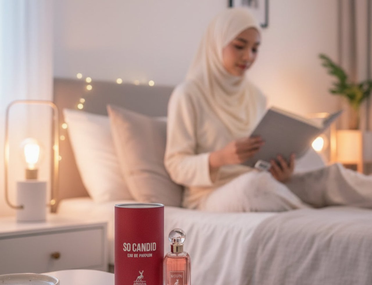Maison Alhambra So Candid by Maison Alhambra 100 ml EDP — Seorang wanita bertudung membaca buku di atas katil, dengan kotak pewangi merah dan botol kaca Maison Alhambra So Candid di atas meja sisi katil.