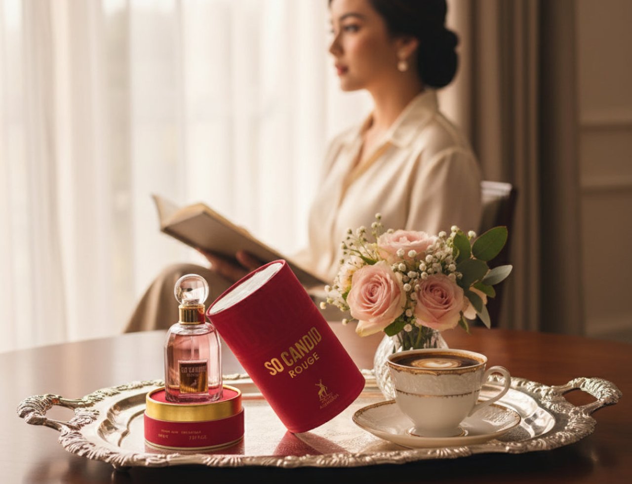 Maison Alhambra So Candid by Maison Alhambra 100 ml EDP — A woman reads a book by a window, with a tray of perfume, roses, and coffee in the foreground.