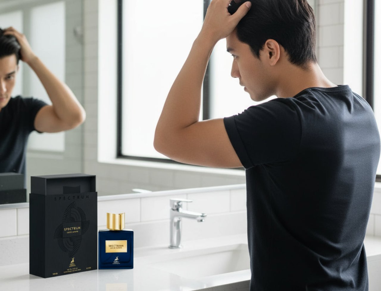 Maison Alhambra Spectrum by Maison Alhambra 100ml EDP Men — Lelaki gayakan rambut di depan cermin bilik air, dengan botol dan kotak wangian di atas kaunter.