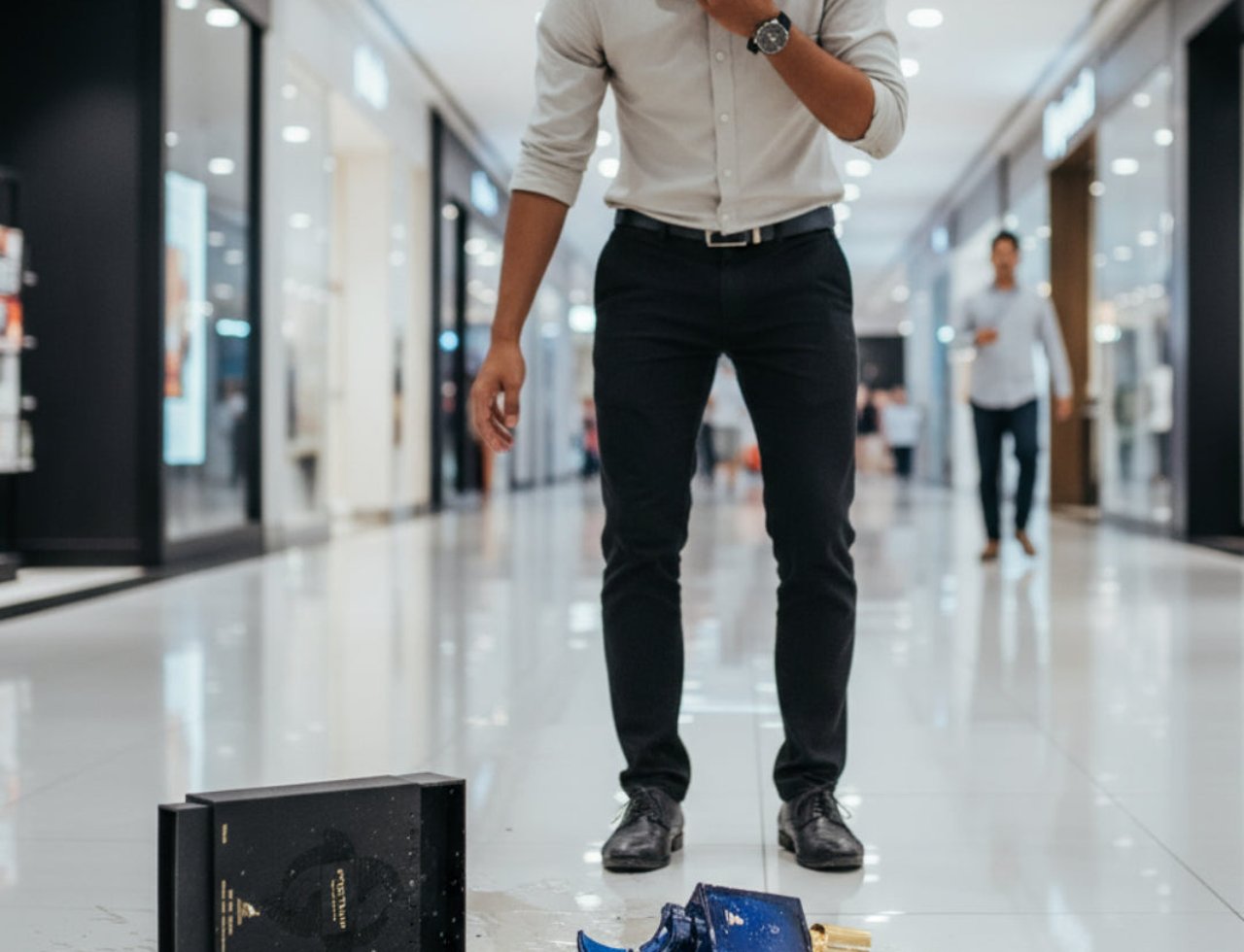 Maison Alhambra Spectrum by Maison Alhambra 100ml EDP Men — Man looking shocked at a shattered blue perfume bottle and its box on a mall floor.
