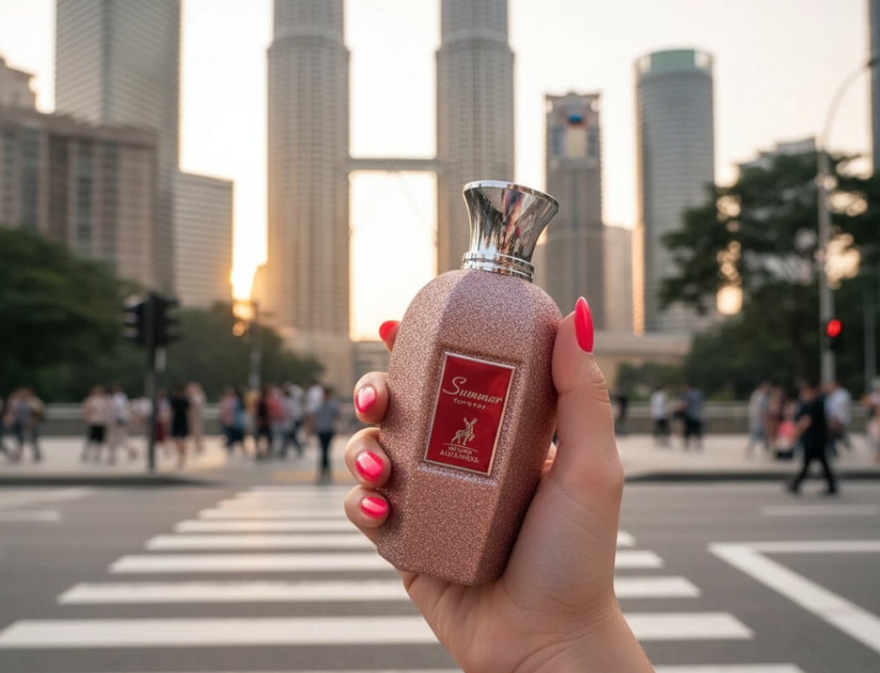 Maison Alhambra Summer Forever by Maison Alhambra 100ml EDP — Hand holding a rose gold glitter perfume bottle with a red label, in front of the Petronas Twin Towers at sunset.