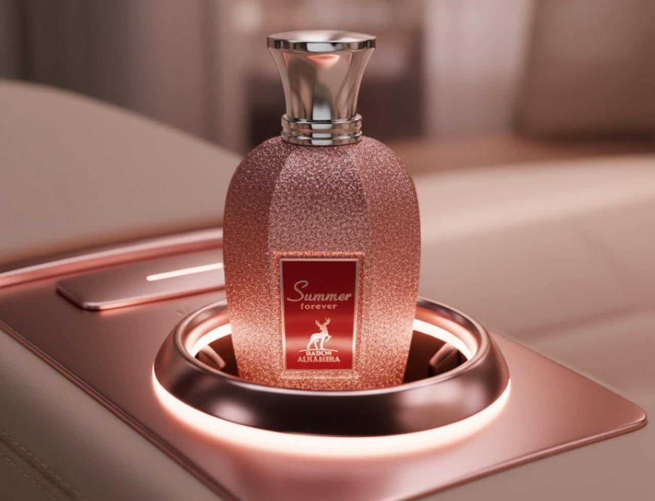Maison Alhambra Summer Forever by Maison Alhambra 100ml EDP — Botol wangian rose gold berkilauan dengan penutup perak, diletakkan dalam pemegang cawan kereta berwarna rose gold dengan pencahayaan ambien.