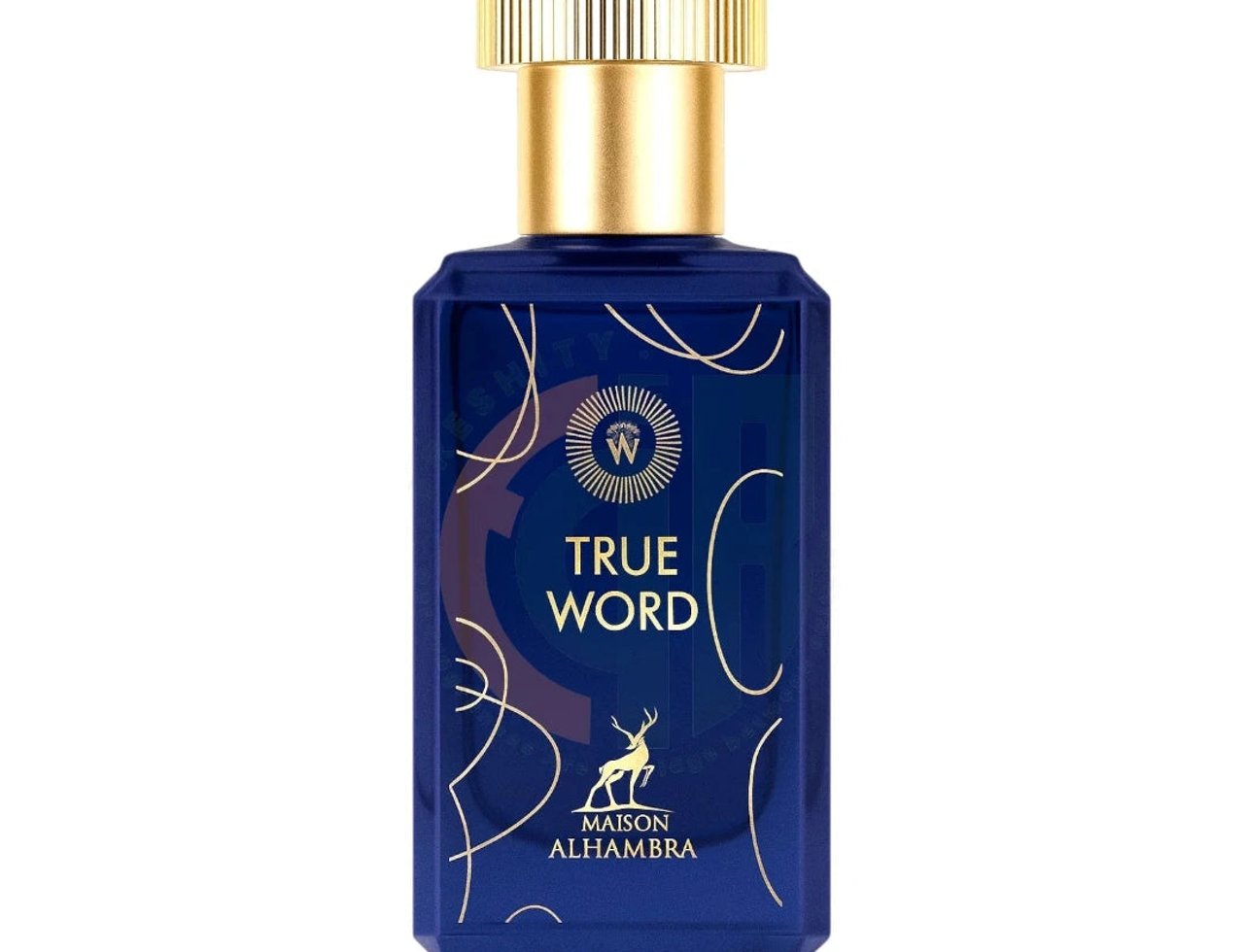 Maison Alhambra True Word by Maison Alhambra 100ml EDP — Botol minyak wangi biru gelap berbentuk segi empat dengan penutup emas, menampilkan garisan seni emas dan tulisan 'TRUE WORD' serta siluet rusa.