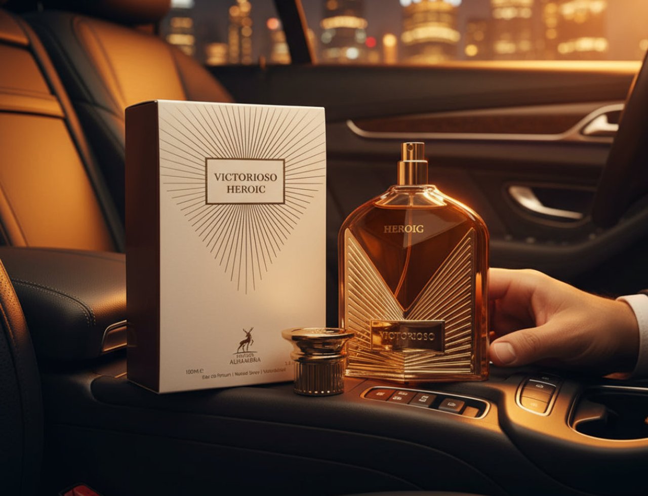 Maison Alhambra Victorioso Heroic by Maison Alhambra 100ml — A gold-accented perfume bottle and its box sit on a car's center console at night, with city lights blurred in the background.