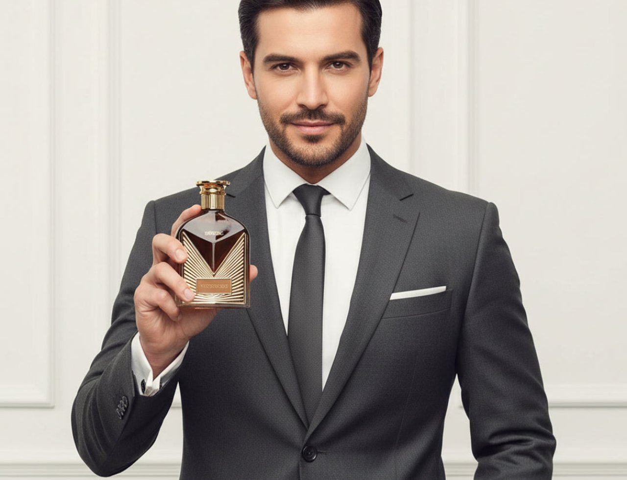 Maison Alhambra Victorioso Heroic by Maison Alhambra 100ml — Lelaki berbaju kelabu pegang botol minyak wangi coklat beraksen emas dengan latar belakang putih.