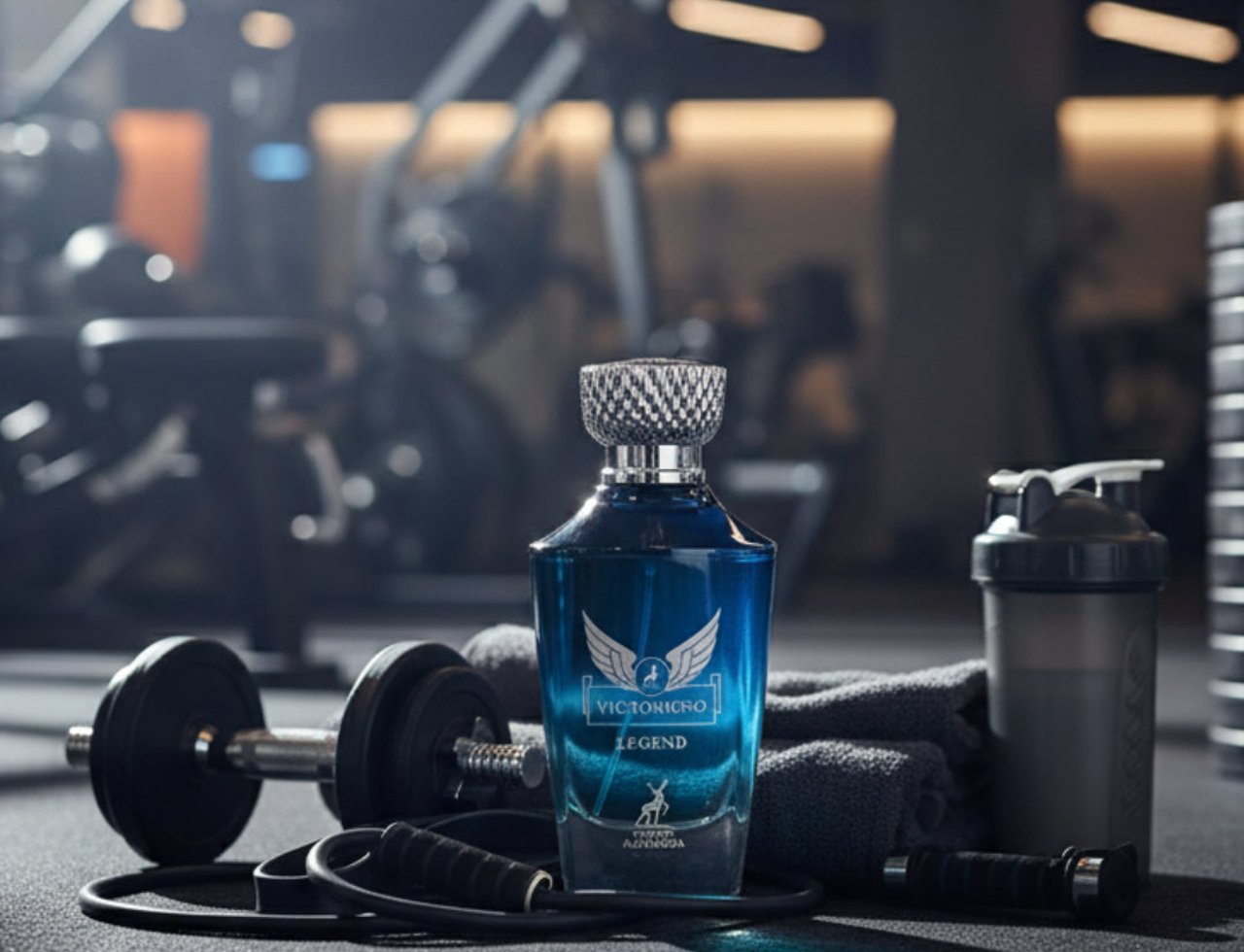 Maison Alhambra Victorioso Legend oleh Maison Alhambra 100 ml untuk Lelaki — Botol minyak wangi biru dengan lambang bersayap, diletakkan di atas lantai gimnasium bersama dumbbell, tali skipping, dan botol shaker.