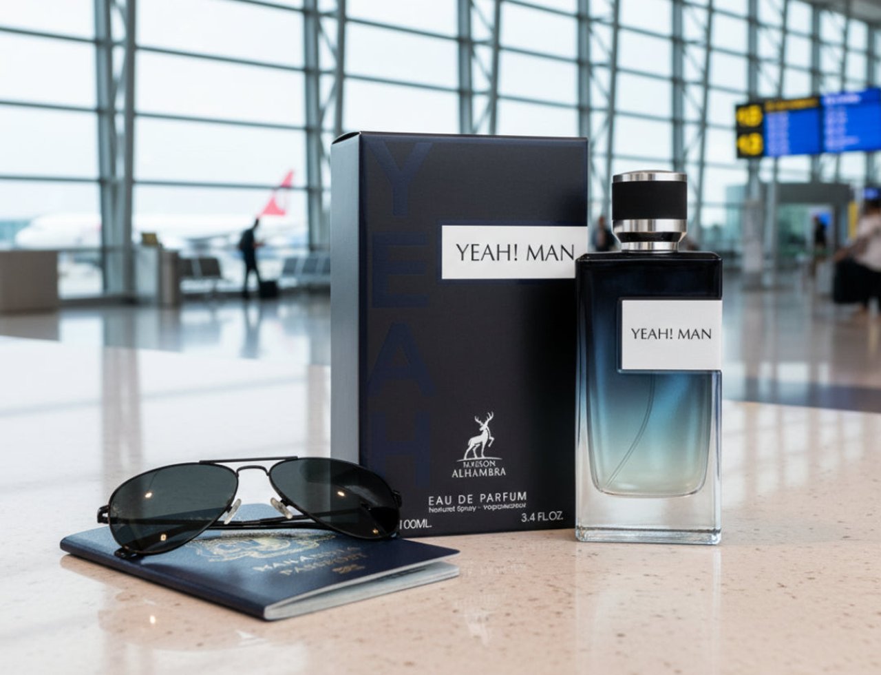 Maison Alhambra Yeah by Maison Alhambra 100ml EDP Men — Botol wangian Yeah! Man dan kotaknya dipamerkan atas pasport dan cermin mata hitam di terminal lapangan terbang.