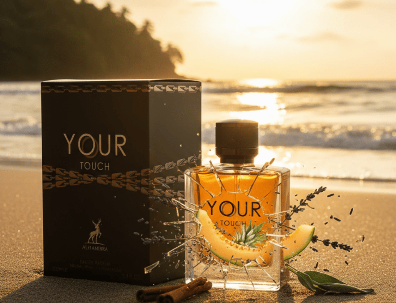 Botol dan kotak minyak wangi Maison Alhambra Your Touch Man by Maison Alhambra – 100 ml di pantai waktu matahari terbenam, dengan hirisan tembikai dan ranting lavender.